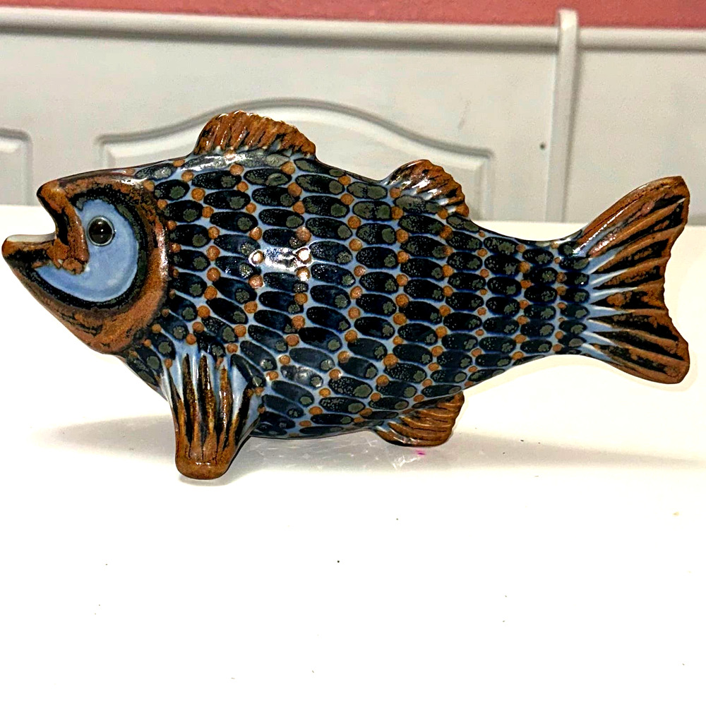 El Palomar Mexico Pottery Fish Sculpture, Mexican Folk art Pottery Fish 12"